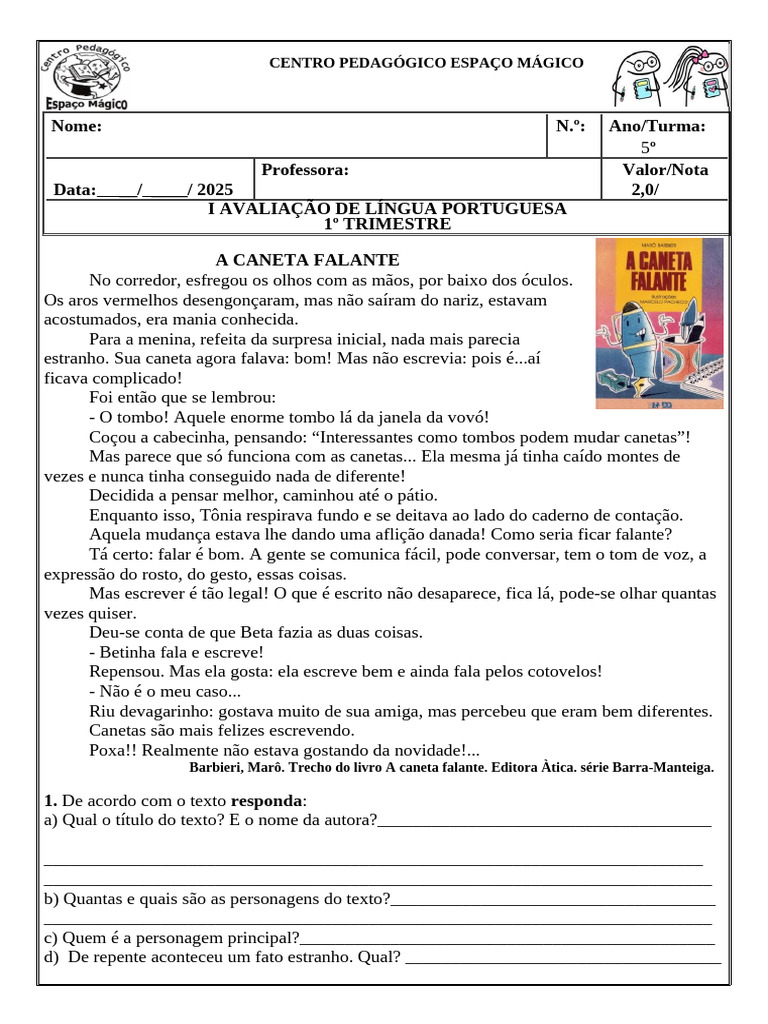 I Avaliação de Língua Portuguesa 2025 | PDF