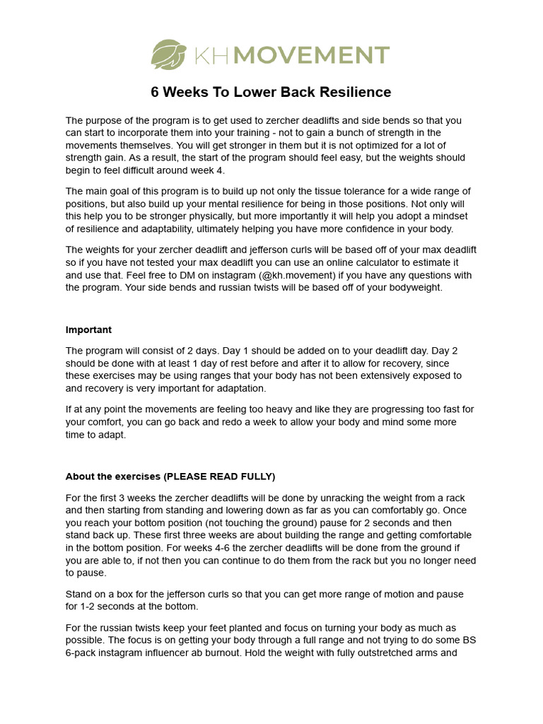 6-Week Lower Back Resilience Program | PDF | Weight Training