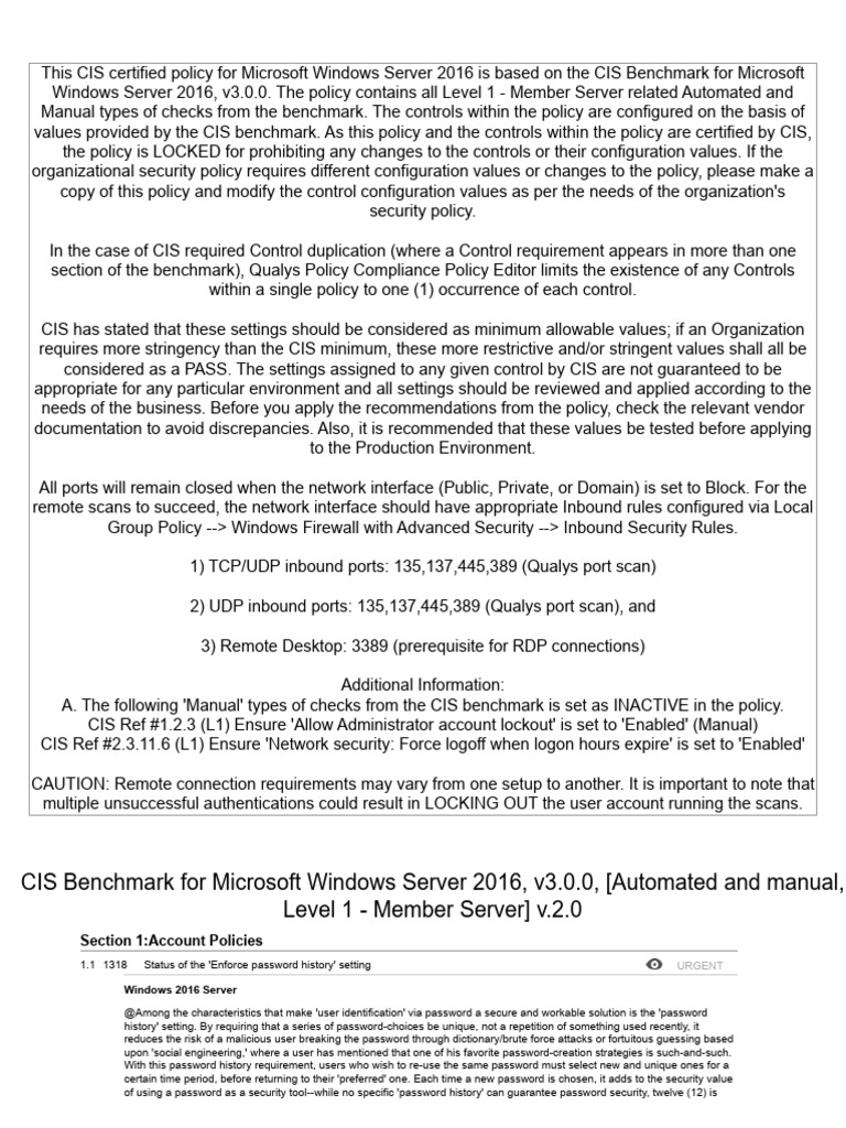 CIS Benchmark For Microsoft Windows Server 2016, V3.0.0, (Automated and ...