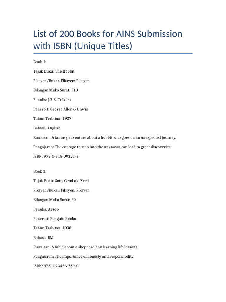AINS Book List 200 Entries Unique Titles With ISBN | PDF