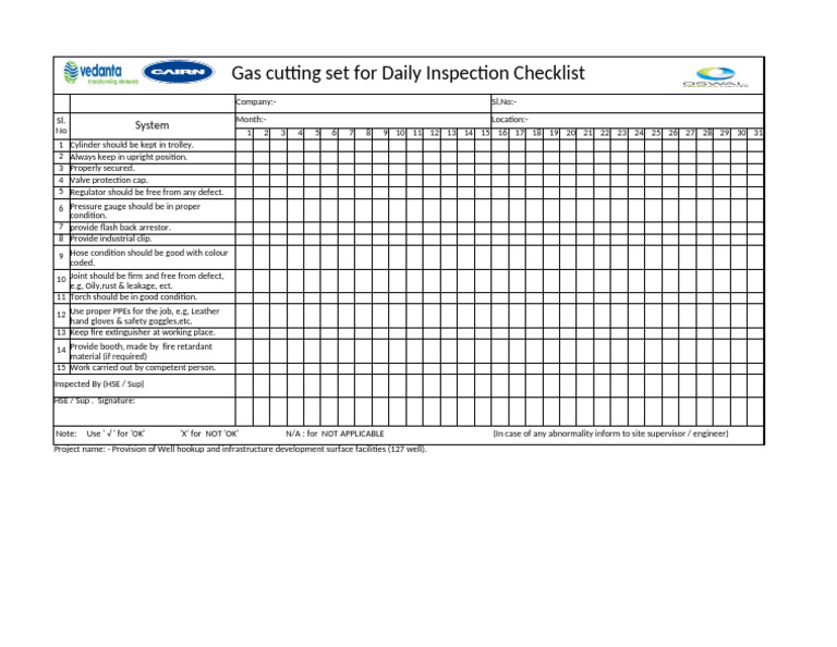 Daily Check List For Gas Cutting Set | PDF