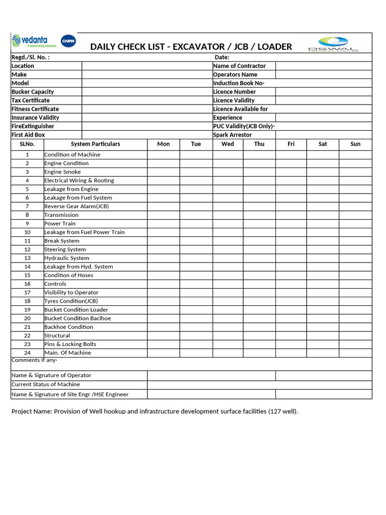 Daily Excavator Inspection Checklist | PDF
