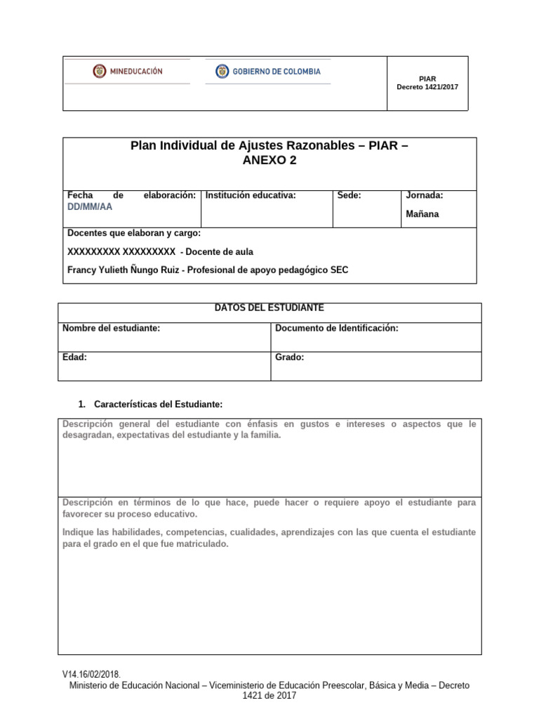 Formato PIAR 2025: Ajustes Razonables | PDF | Educación de la primera ...