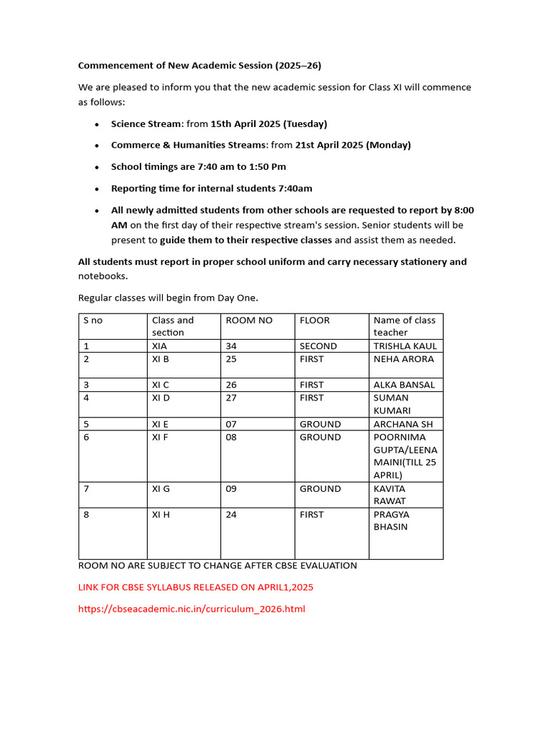 New Session Dates for Class XI 2025-26 | PDF | Computer Science | Science