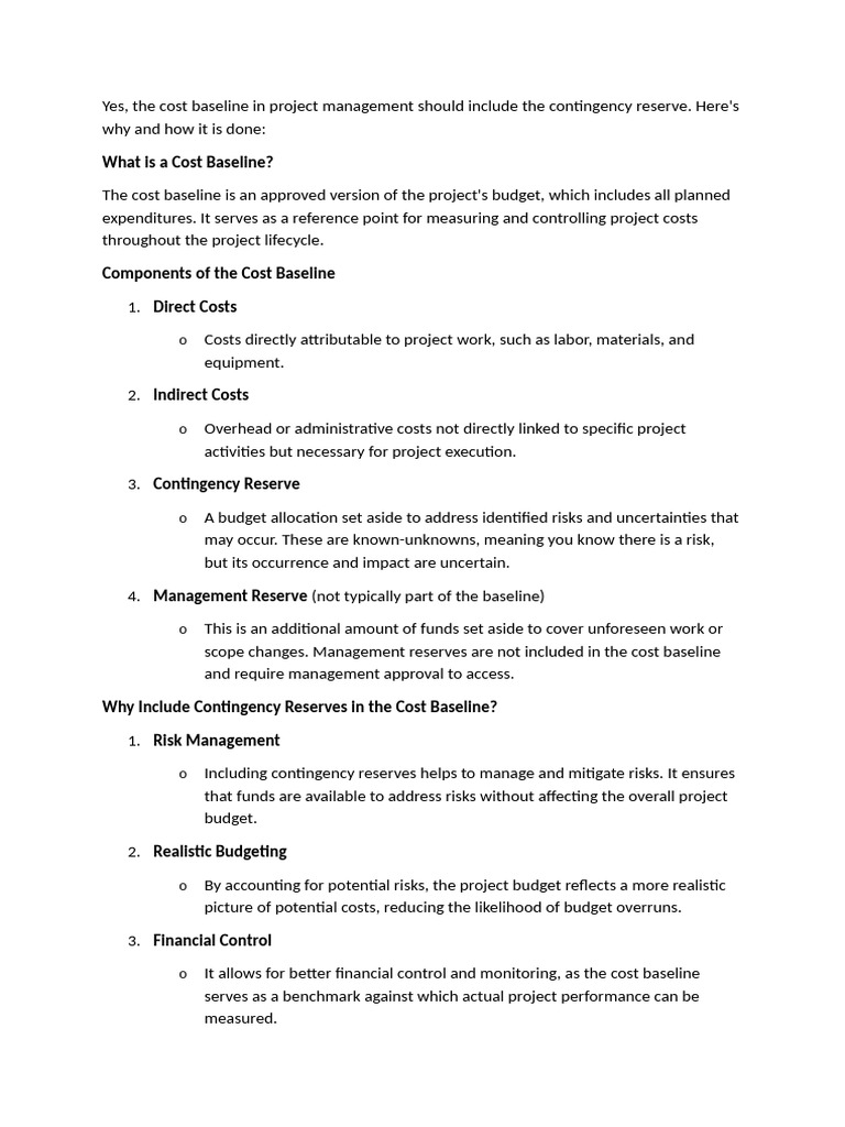 Including Contingency Reserves in Cost Baseline | PDF | Risk | Budget