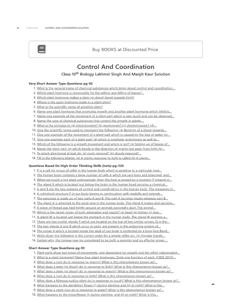 Control And Coordination Solution For Class 10 Science | PDF