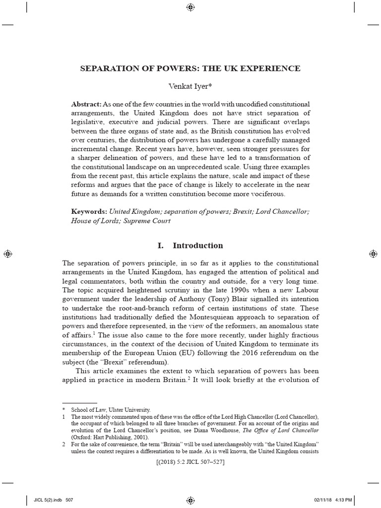UK Separation of Powers Explained | PDF | House Of Lords | Brexit