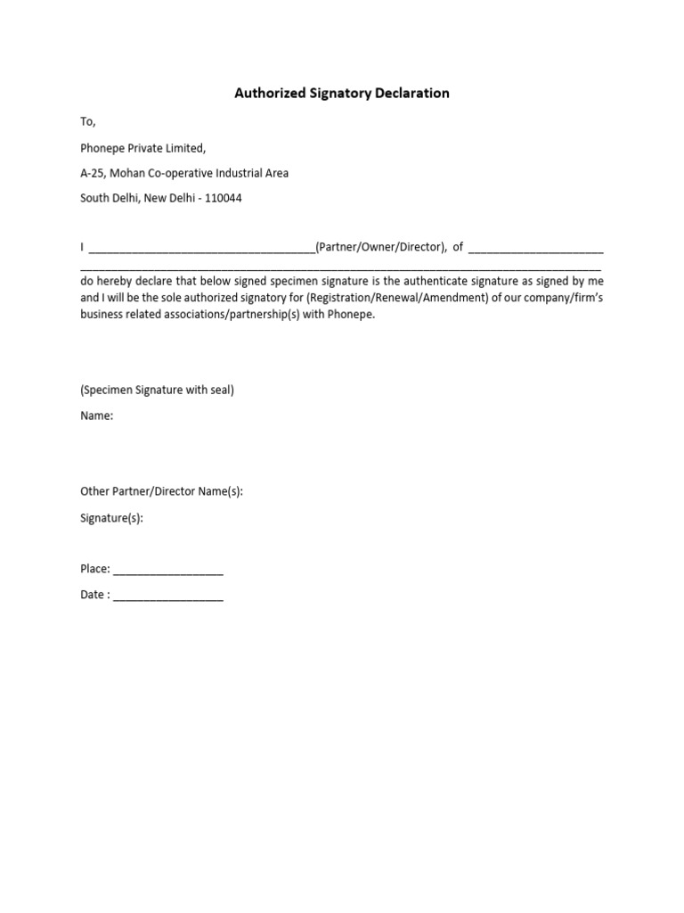 Authorized Signatory Declaration Form | PDF