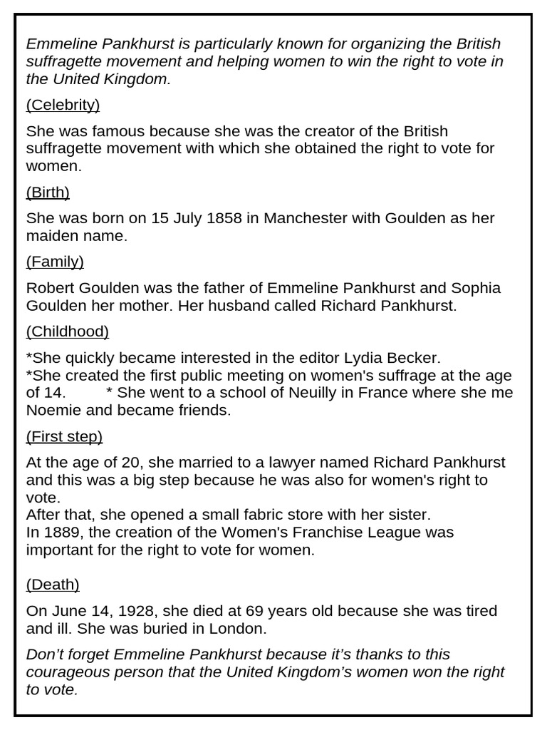 Emmeline Pankhurst: Suffragette Leader | PDF