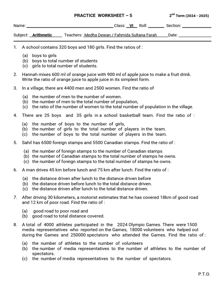 Class VI Arithmetic - PWS - 5 | PDF