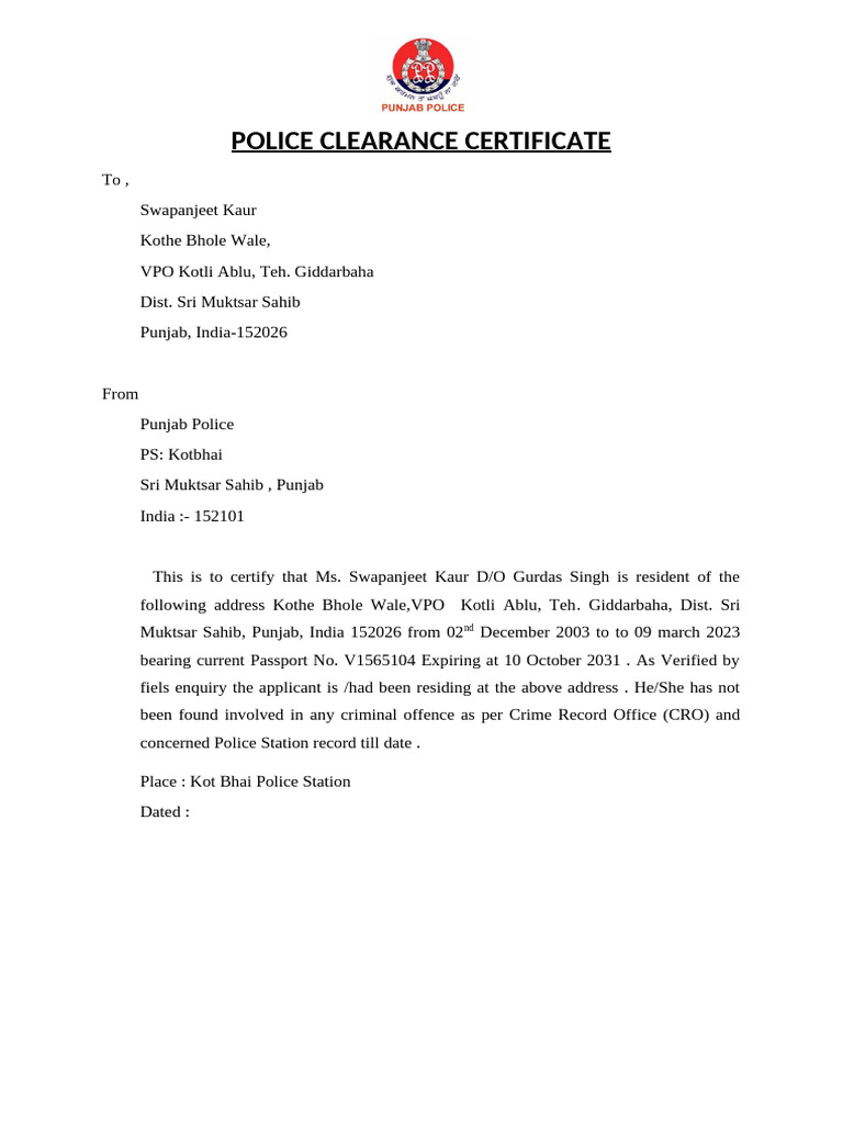 Police Clearance Certificate | PDF