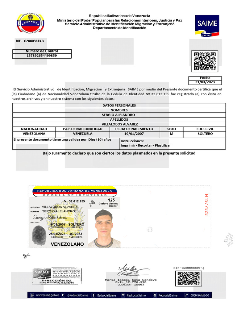 Certificado de Identidad SAIME Venezuela | PDF