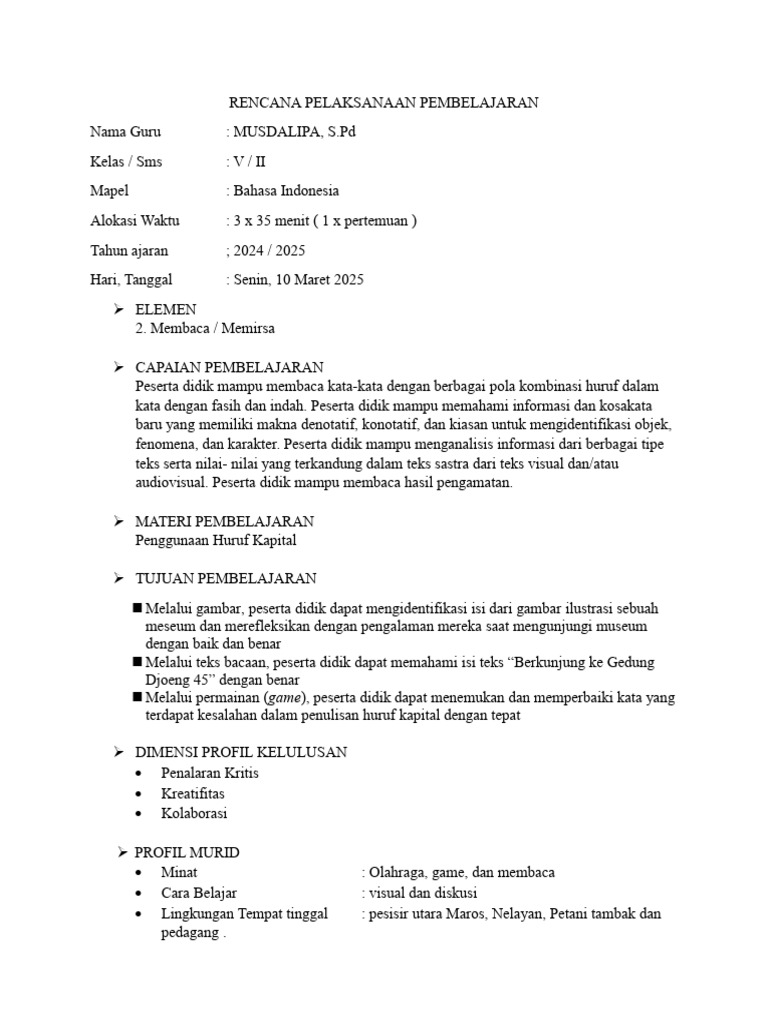 RPP Pembelajaran Bahasa Indonesia Kelas V | PDF