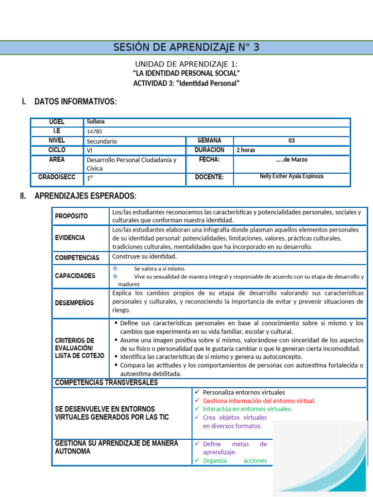 Identidad Personal en Secundaria EBR | PDF | Aprendizaje | Maestros