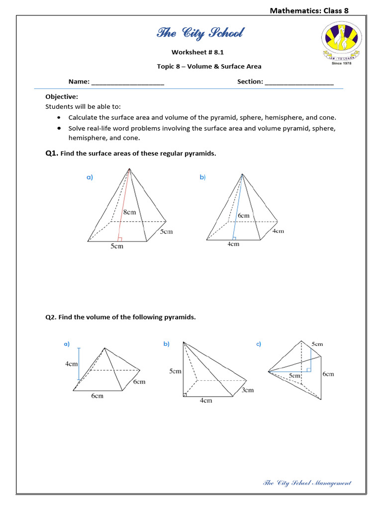 Volume & Surface Area Worksheet for 8th Grade | PDF
