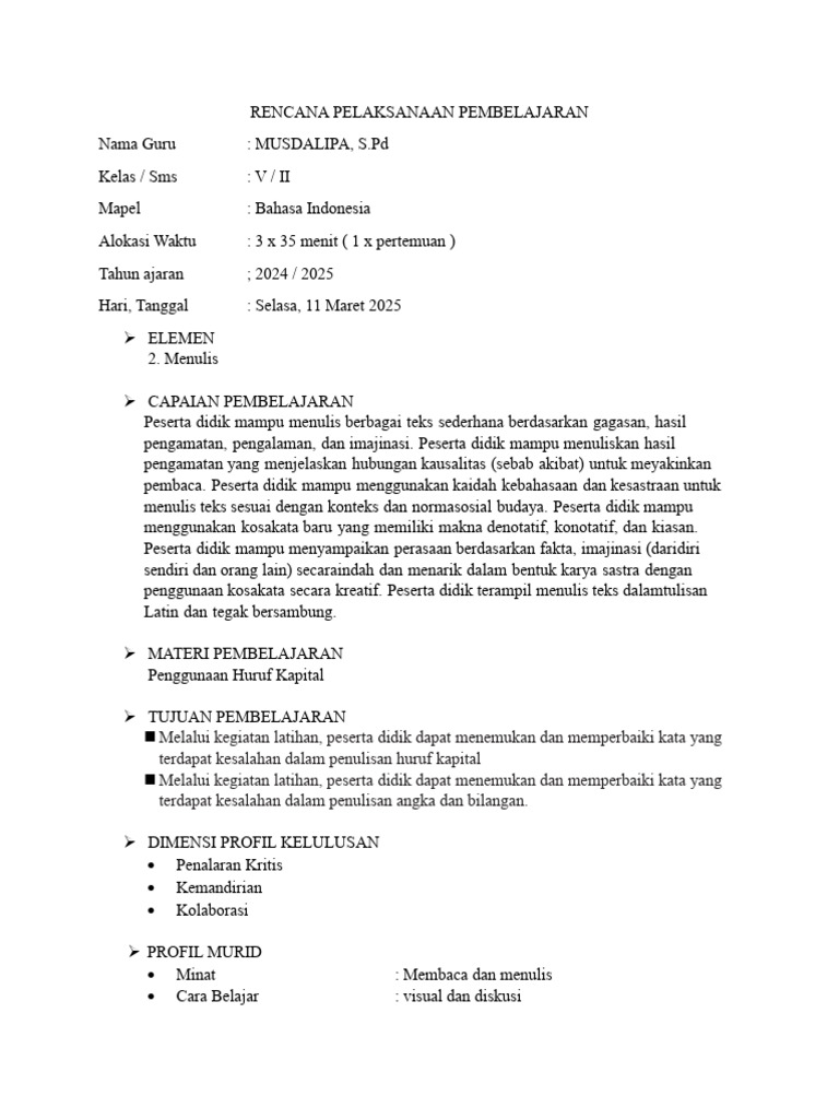 RPP Pembelajaran Bahasa Indonesia Kelas 5 | PDF