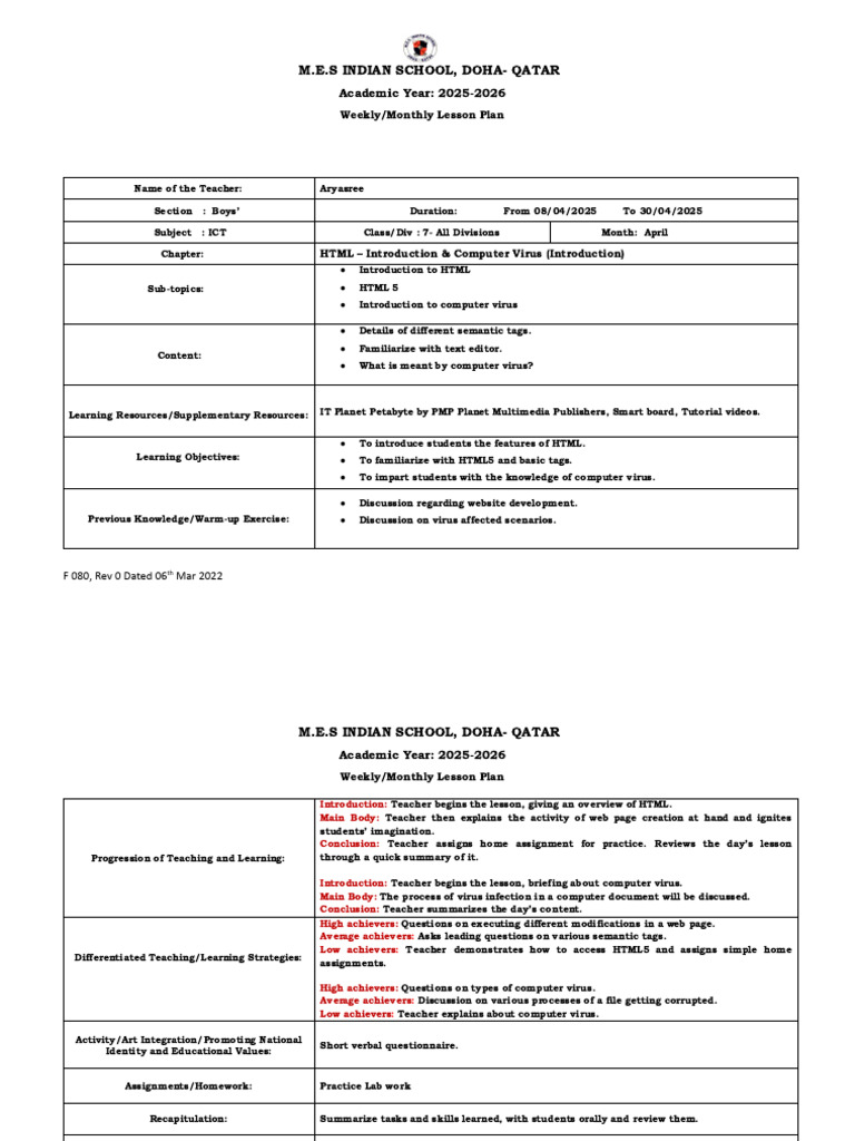 Grade 7 ICT Lesson Plan: HTML & Viruses | PDF | Html | Teachers