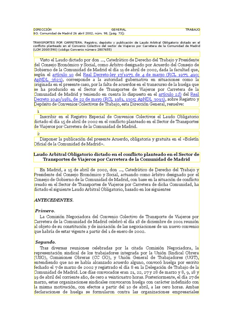 Laudo Arbitral Convenio Madrid Derecho Laboral Sindicato