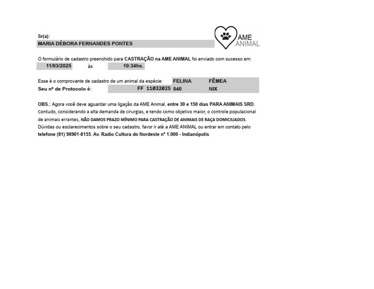 Cadastro de Castração - AME Animal | PDF