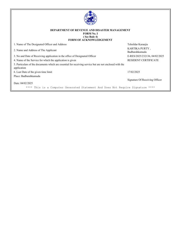 Resident Certificate Acknowledgement Form | PDF