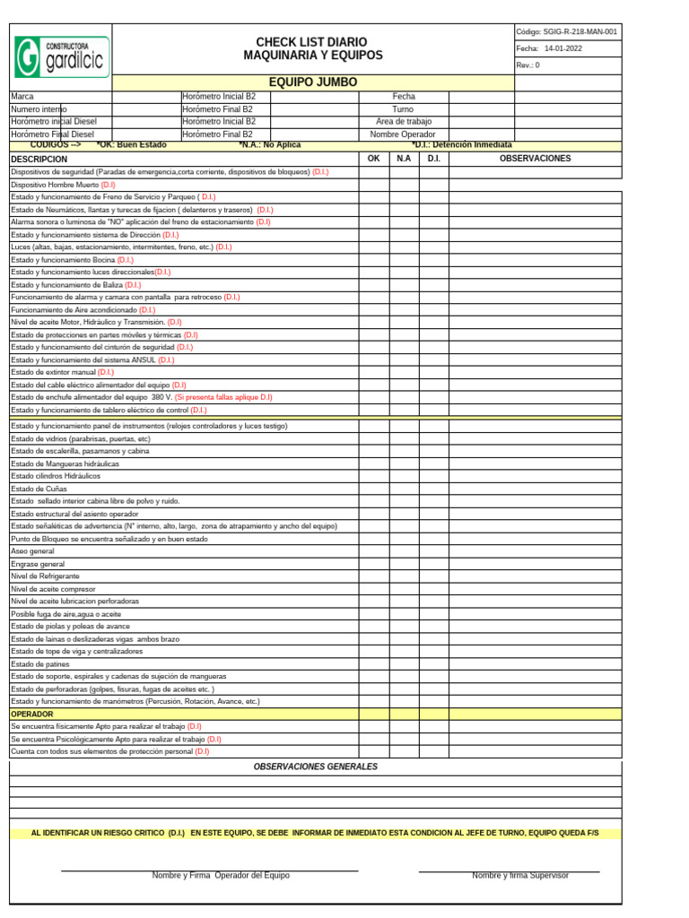 SGIG-R-218-MAN-001 Check List - Jumbo | PDF | Industria automotriz | Coche
