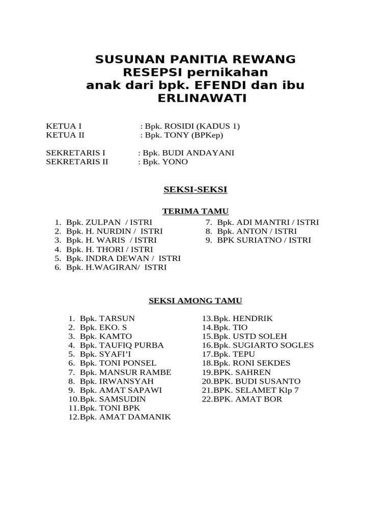 Susunan Panitia Rewang Buk Datin | PDF