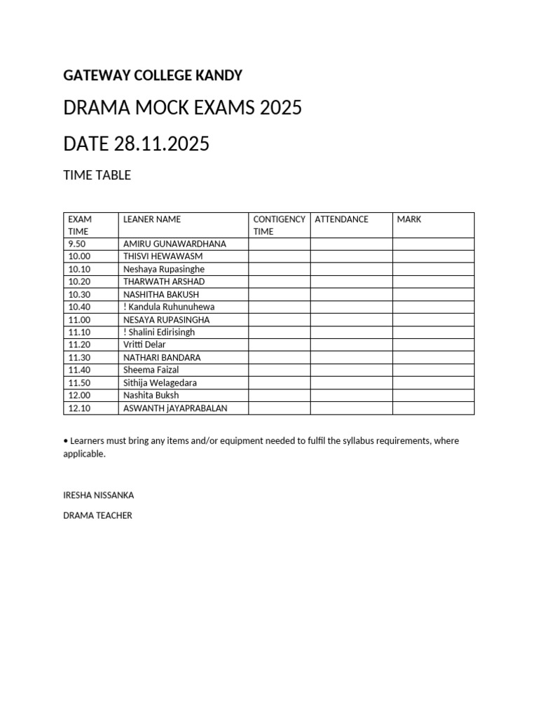 2025 Drama Mock Exam Schedule | PDF