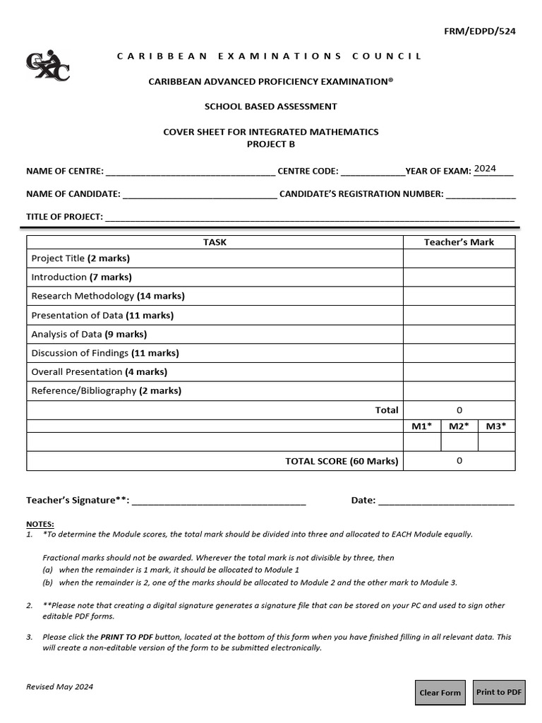 CAPE IntMaths CoverSheetForESBA ProjB Fillable May2024 | PDF