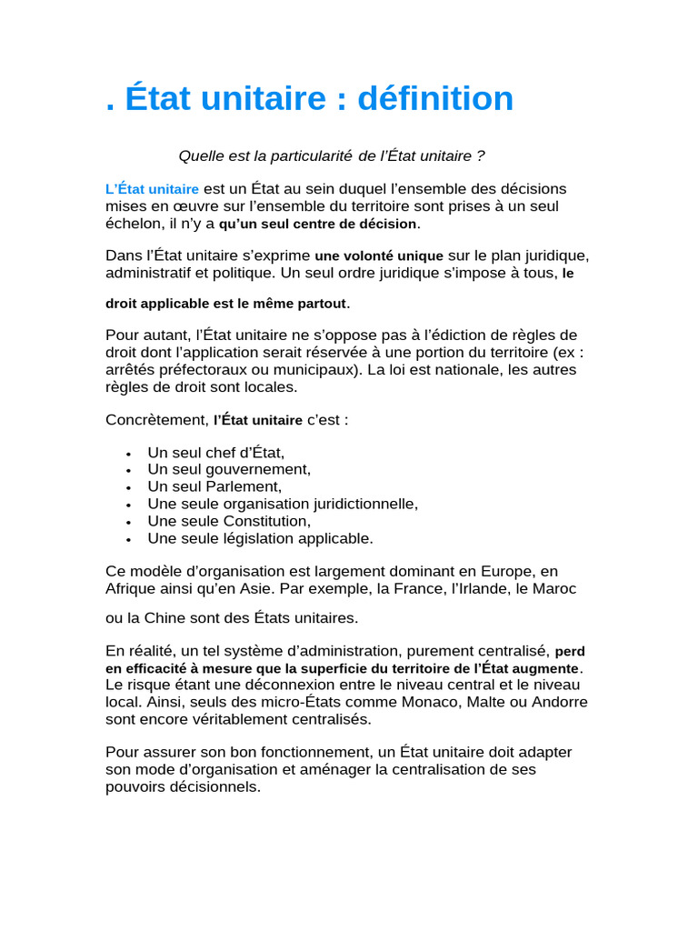 Définition de l'État unitaire | PDF | Fédéralisme | Décentralisation
