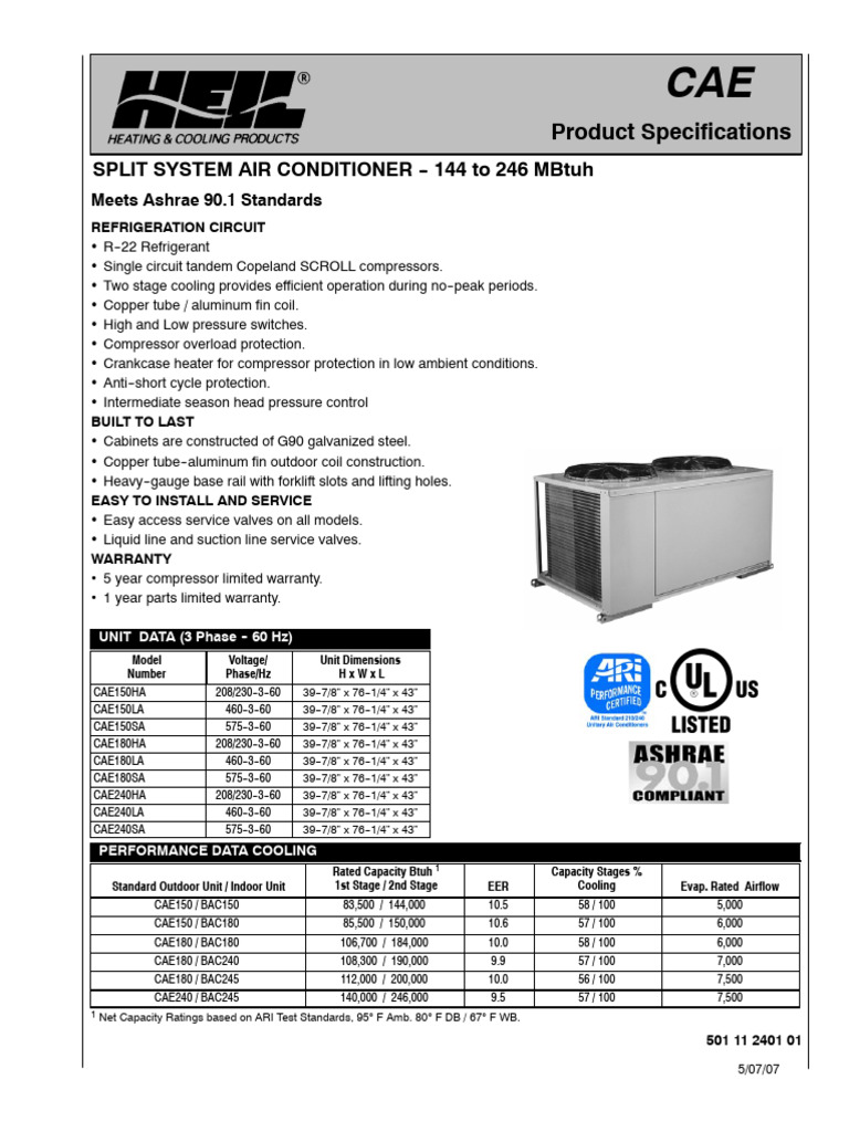Split System AC Product Specs | PDF | Air Conditioning | Heat Transfer
