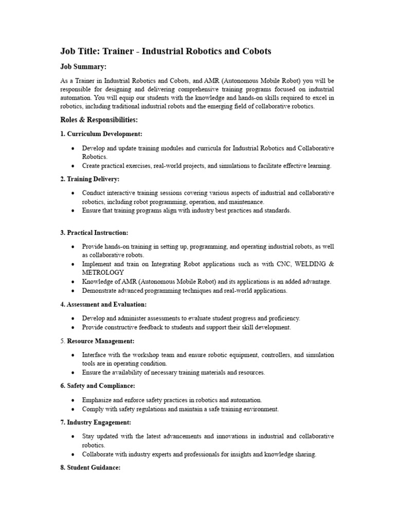 Industrial Robotics Trainer Job Description | PDF | Robotics | Simulation