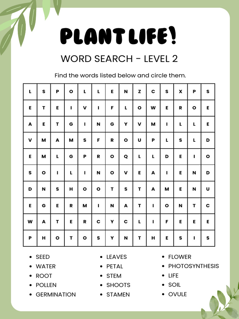 Science Plant Life Cycle Word Search Worksheet in White Green Nature ...