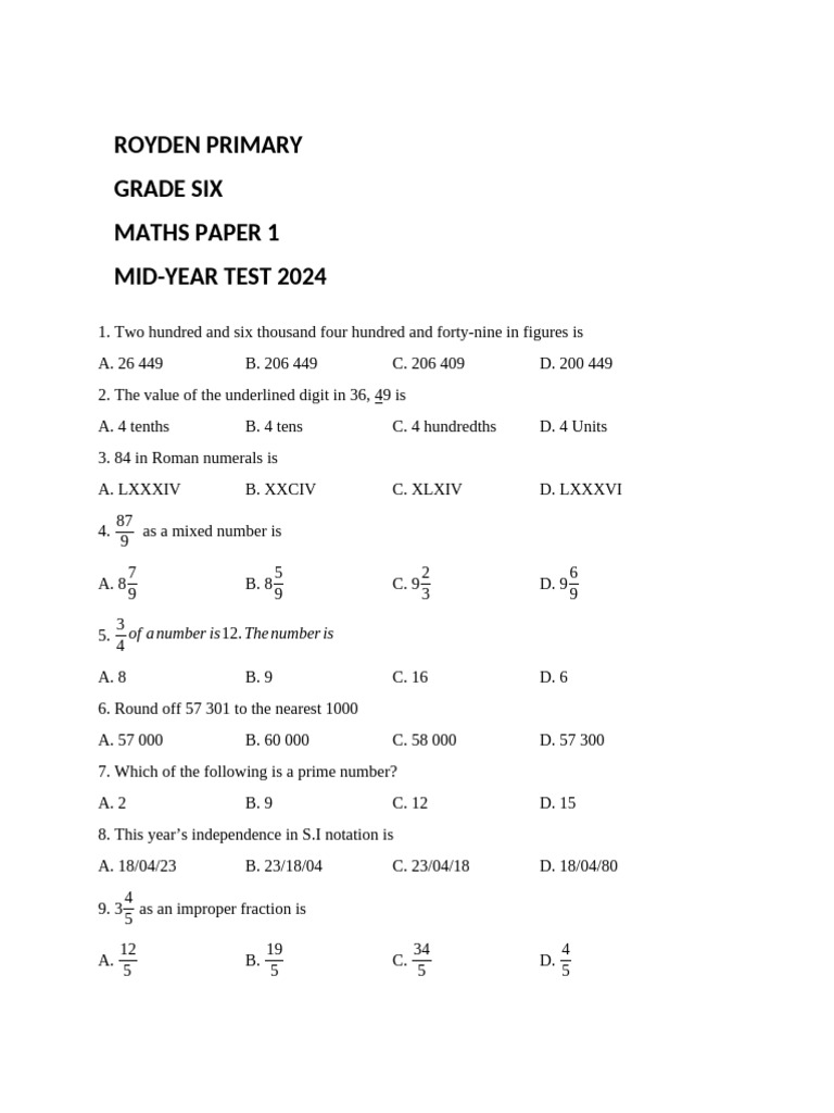 Grade 6 Maths Mid-Year Test 2024 | PDF | Euclidean Plane Geometry | Numbers