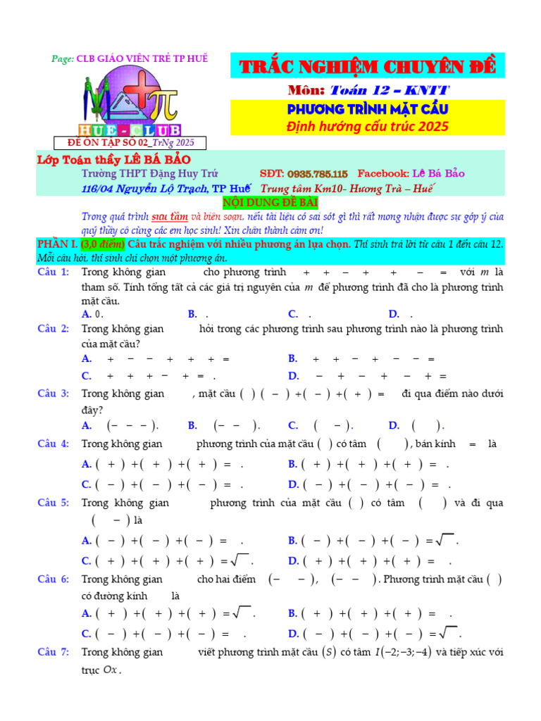 De 02 Phuong Trinh Mat Cau Fom 2025+ | PDF
