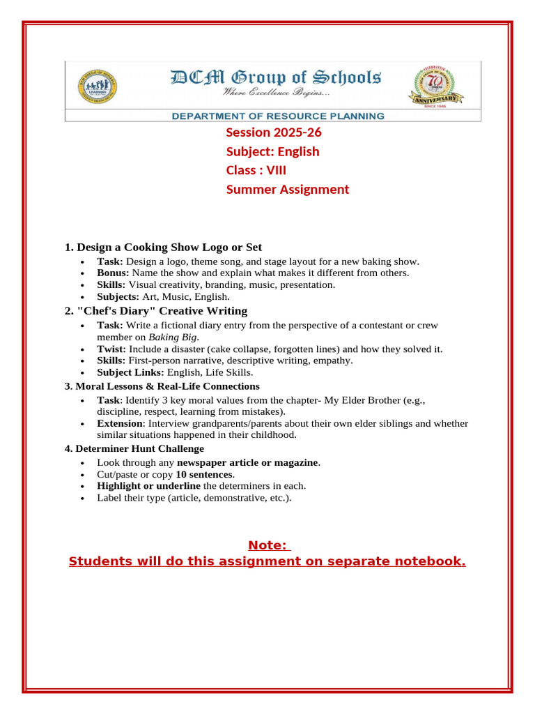 Class 8 Summer Assignment Overview | PDF
