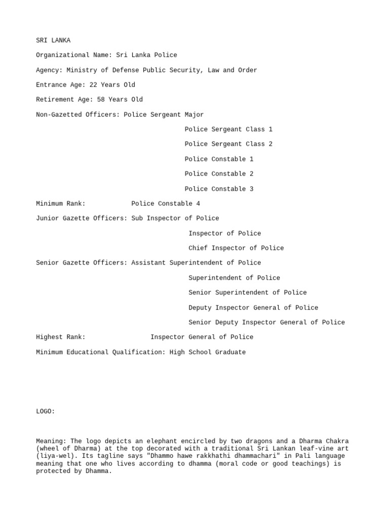 Sri Lanka Police Ranks and Qualifications | PDF