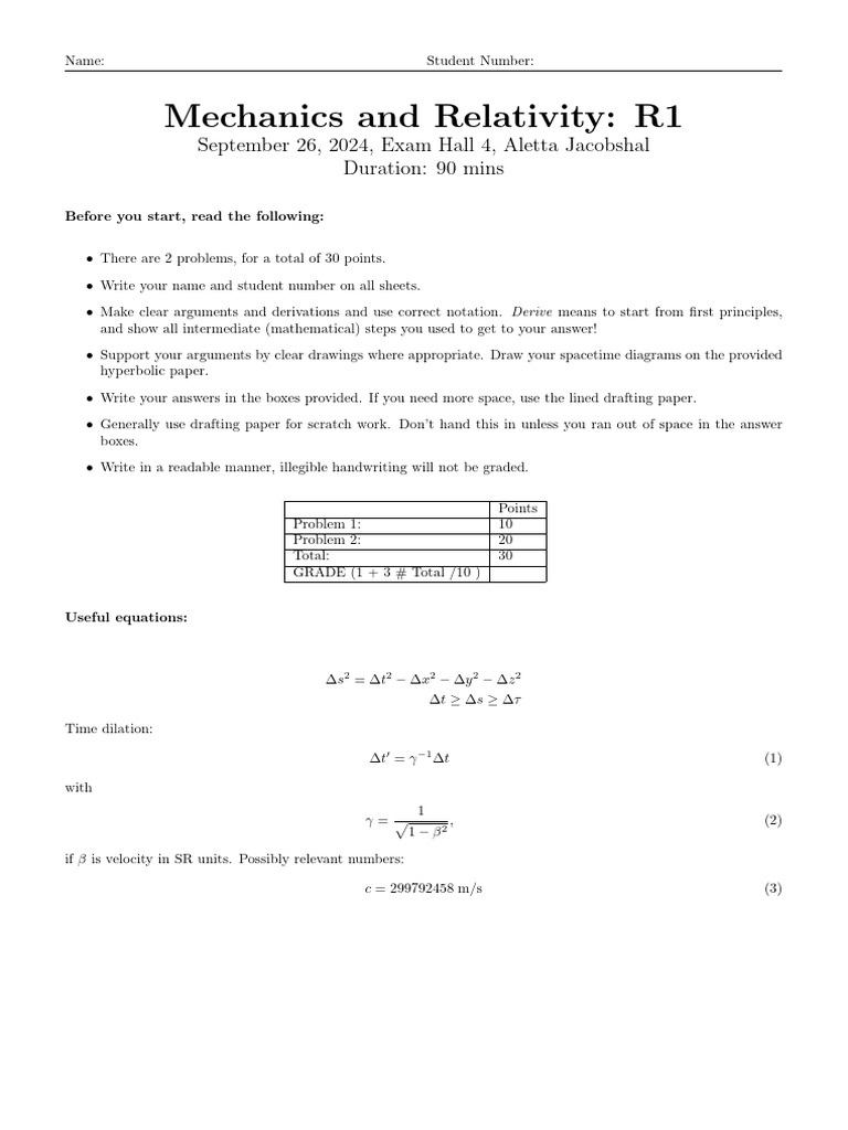 Mechanics and Relativity Exam Guide | PDF | Special Relativity ...
