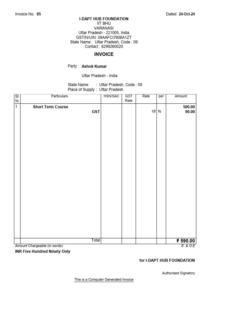 Invoice for Short Term Course | PDF