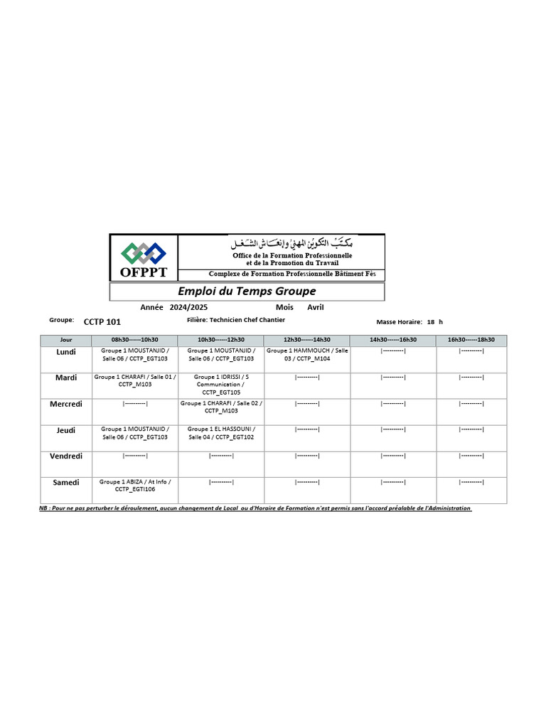 Emploi du Temps 2024/2025 OFPPT | PDF | Enseignement professionnel