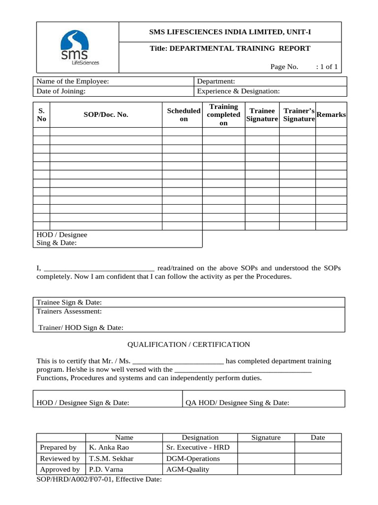SMS Lifesciences Training Report | PDF