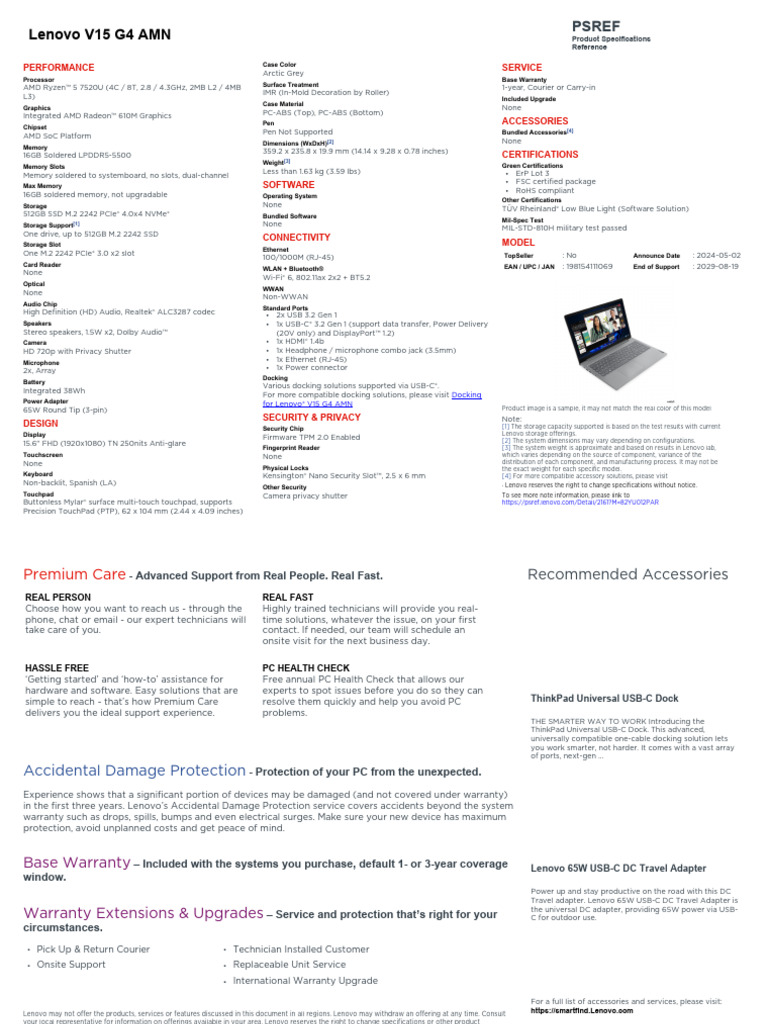 Lenovo V15 G4 AMN 82YU012PAR Specs | PDF | Computer Hardware | Computing