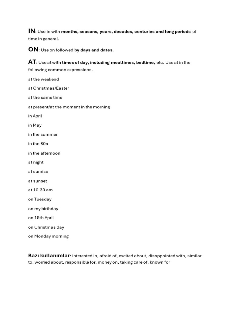 IN ON AT: Months, Seasons, Years, Decades, Centuries and Long Periods | PDF