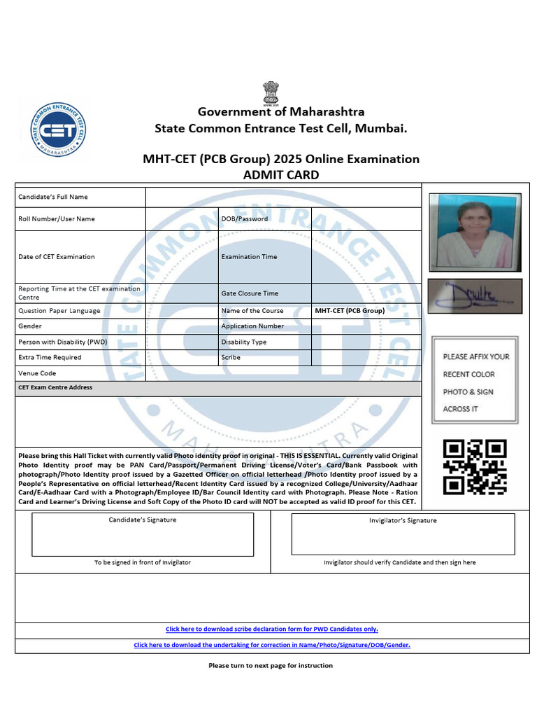 MHT-CET 2025 PCB Admit Card Details | PDF | Identity Document | Biometrics