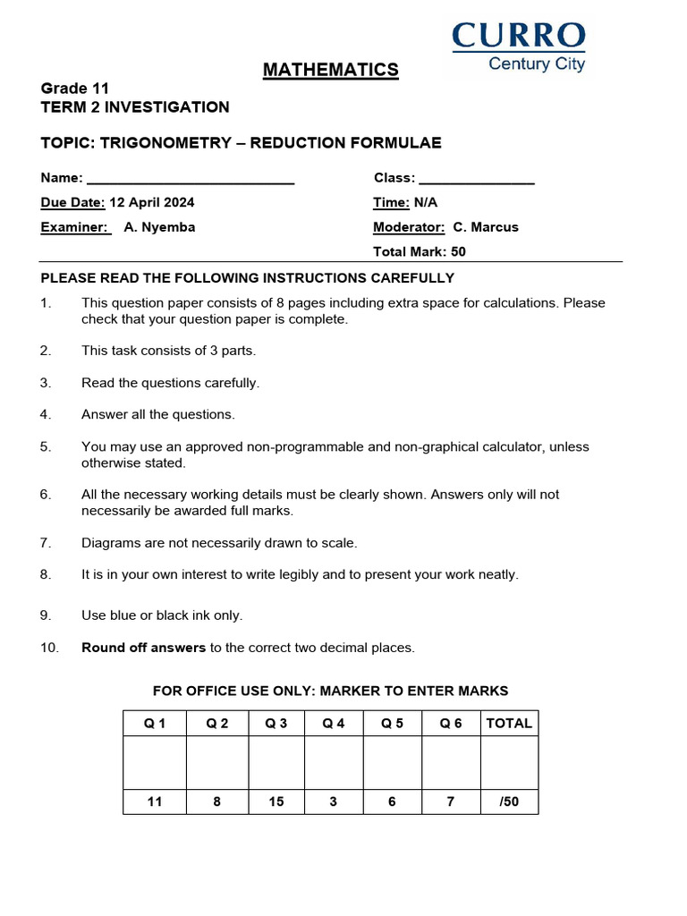 Grade 11 Trigonometry Reduction Formulas | PDF | Trigonometry | Euclid