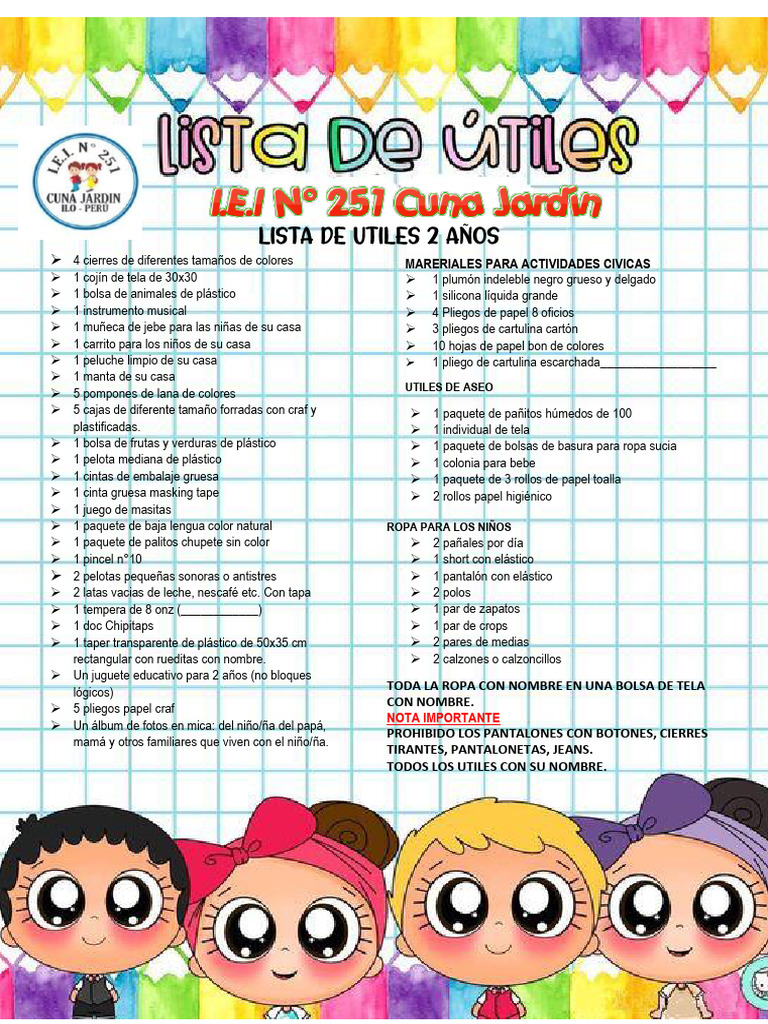 Lista de Útiles para Niños de 2 Años | PDF