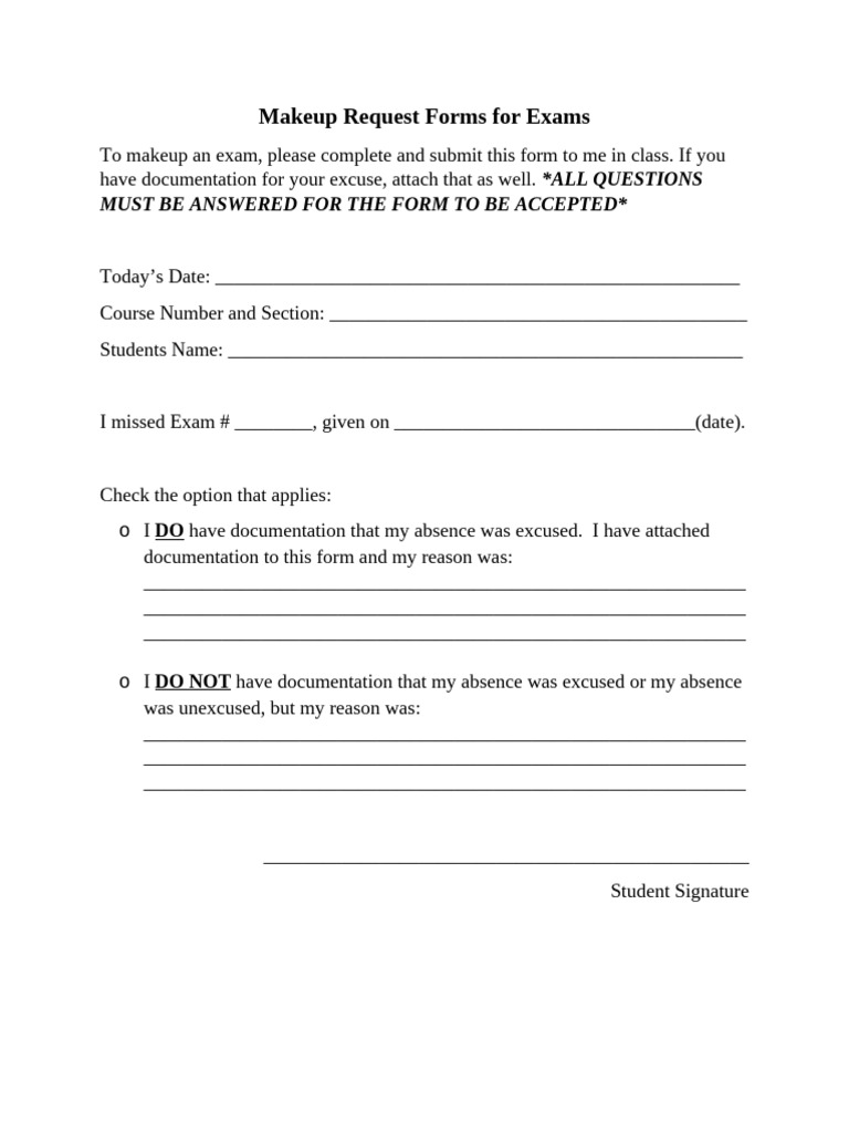 Makeup Request Form for Exams | PDF