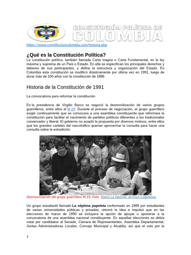 Historia de la Constitución de 1991 en Colombia | PDF | Constitución ...