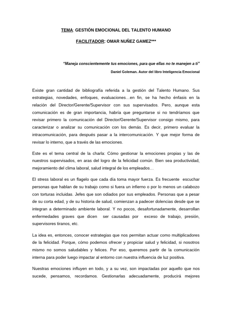Gestión Emocional en el Talento Humano | PDF | Felicidad | Las emociones