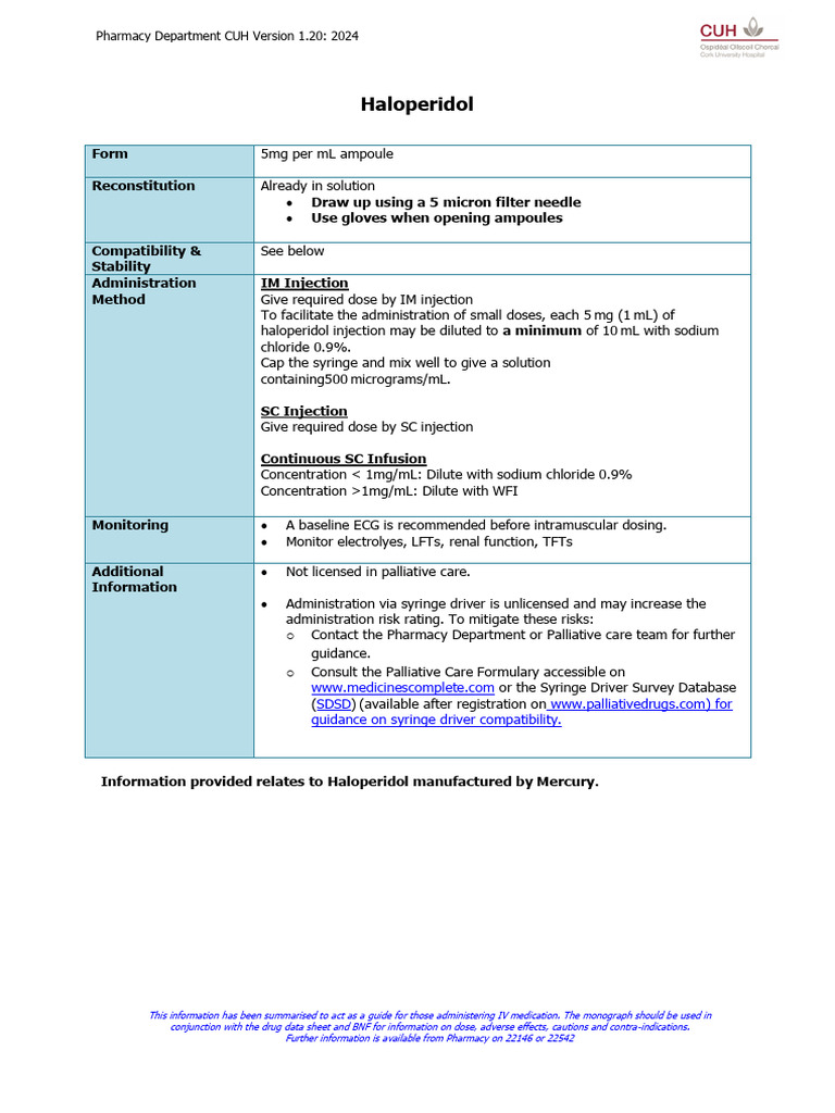 Haloperidol IV Administration Guidelines | PDF | Injection (Medicine ...