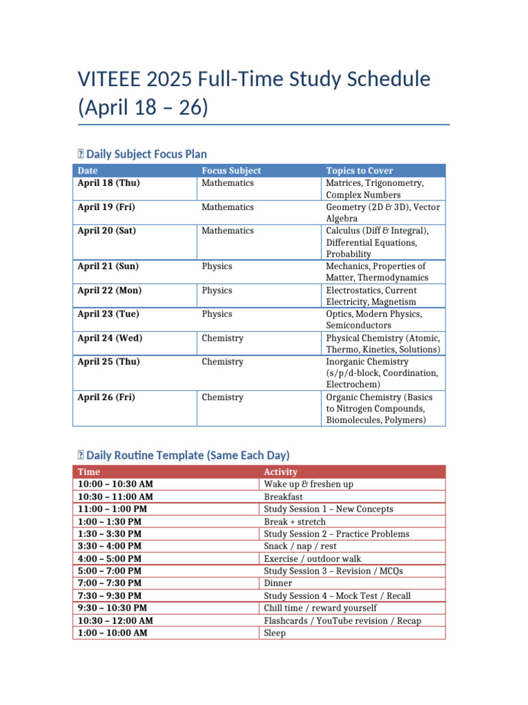 VITEEE 2025 Study Schedule Guide | PDF | Chemistry | Physics